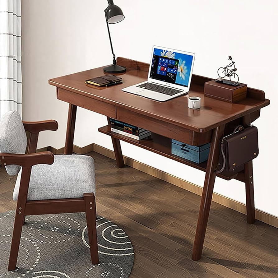 Writing Desk with Storage Shelf: Walnut Mid Century Desk