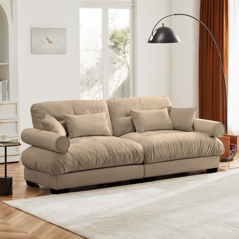 2 Seater Sofa Bolstered Armrests Plush Beige Couch