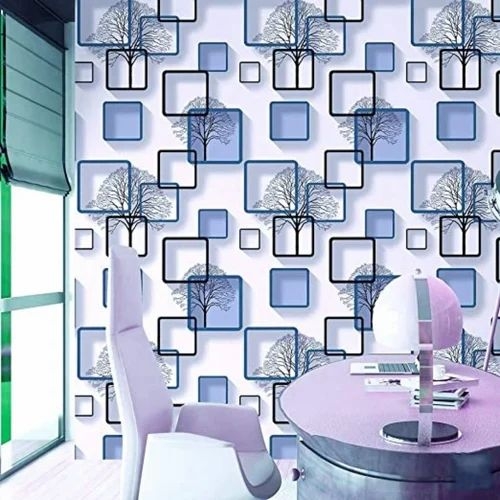 3D Wallpaper Shadow Depth Tree Inside Frames Blue Patterns