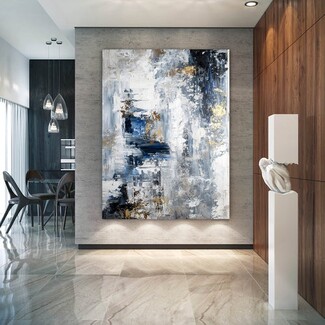 Abstract Painting with Gold Leaf Accents and Vertical Canvas