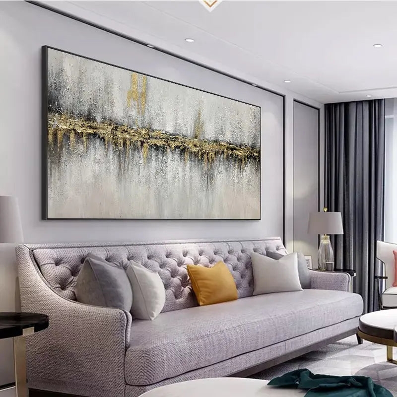 Abstract Wall Art Metallic Gold Band Charcoal Decor