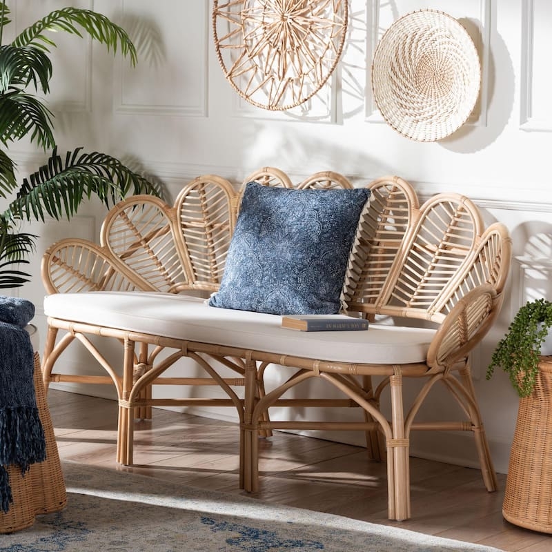 Accent Bench with Scalloped Fan Back and Natural Rattan
