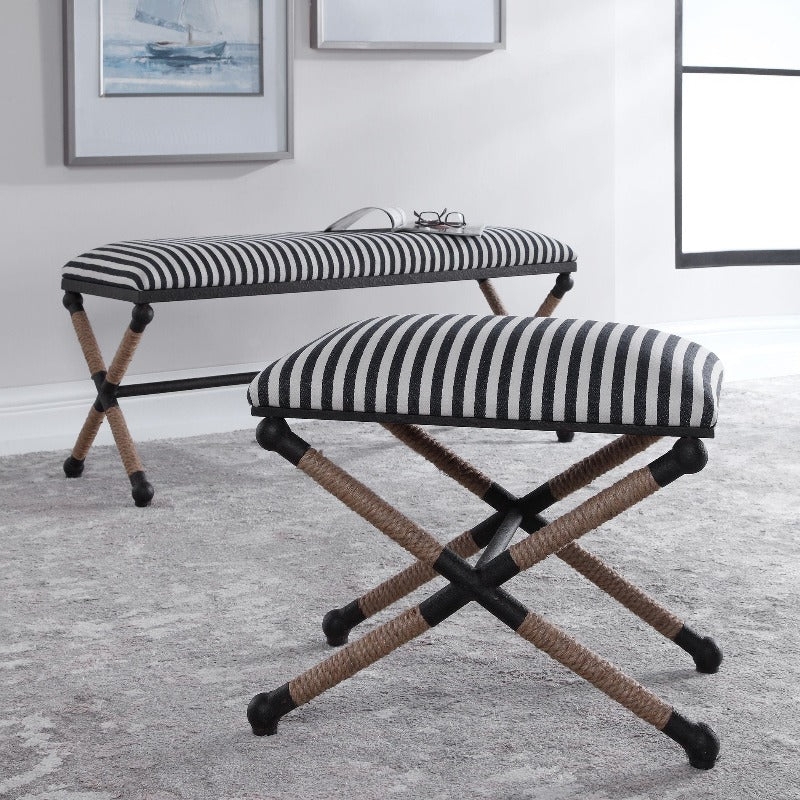 Accent Bench with Striped Upholstery and Rope Wrapped Legs