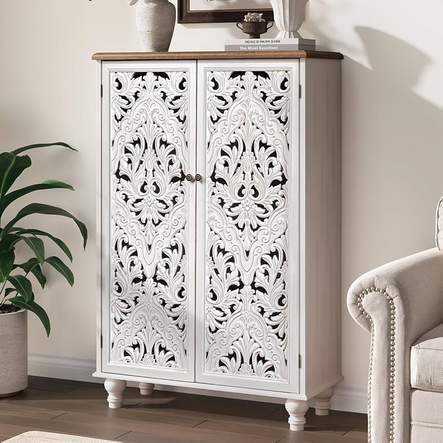 Accent Cabinet Distressed White Carved Door Panels Ornate Buffet
