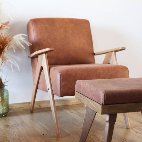 Accent Chair A-Frame Legs Tan Leather Lounge Set