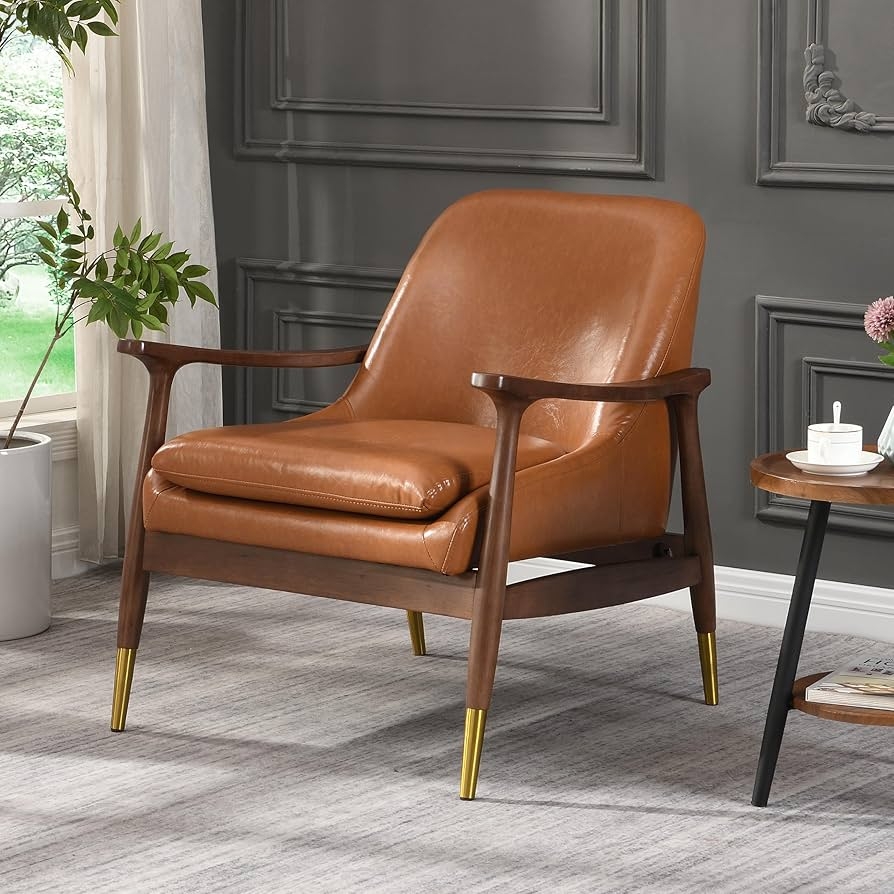 Accent Chair Brass Tipped Legs Cognac Leather Lounge Chair