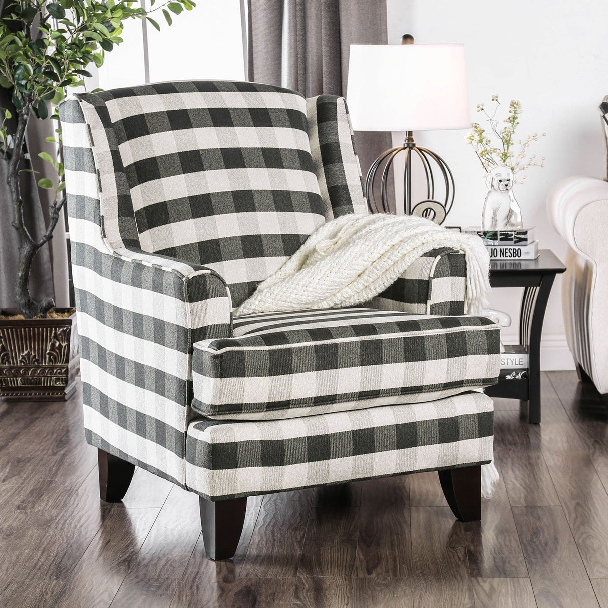 Accent Chair Buffalo Check Pattern Wingback Silhouette