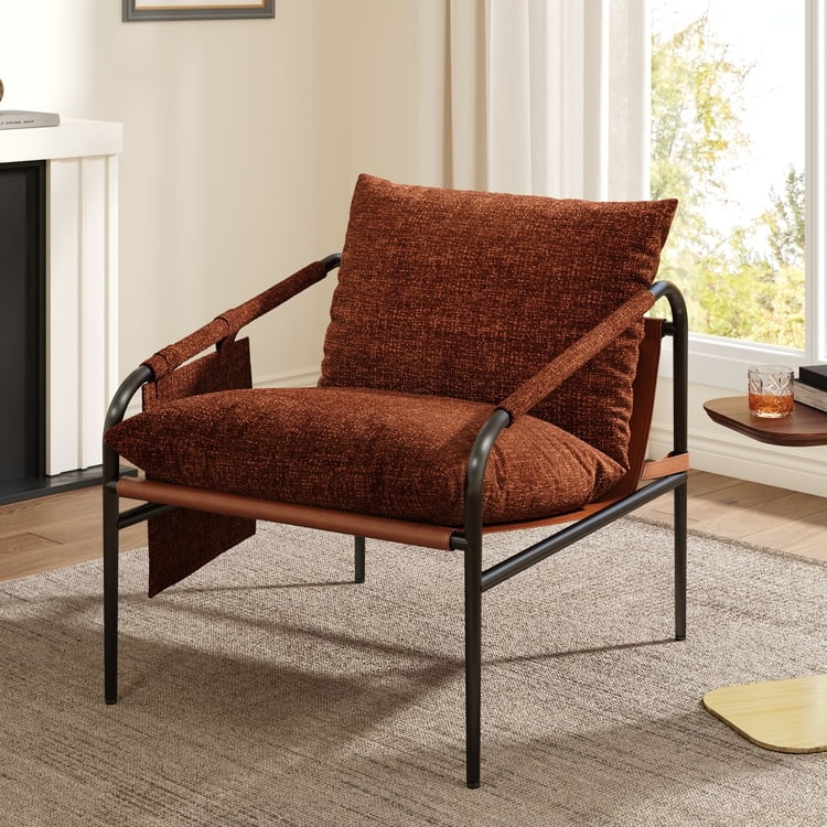 Accent Chair Burnt Orange Chenille with Side Pocket