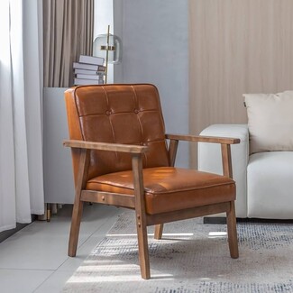 Accent Chair Button Tufting Brown Retro Wood Lounge Chair