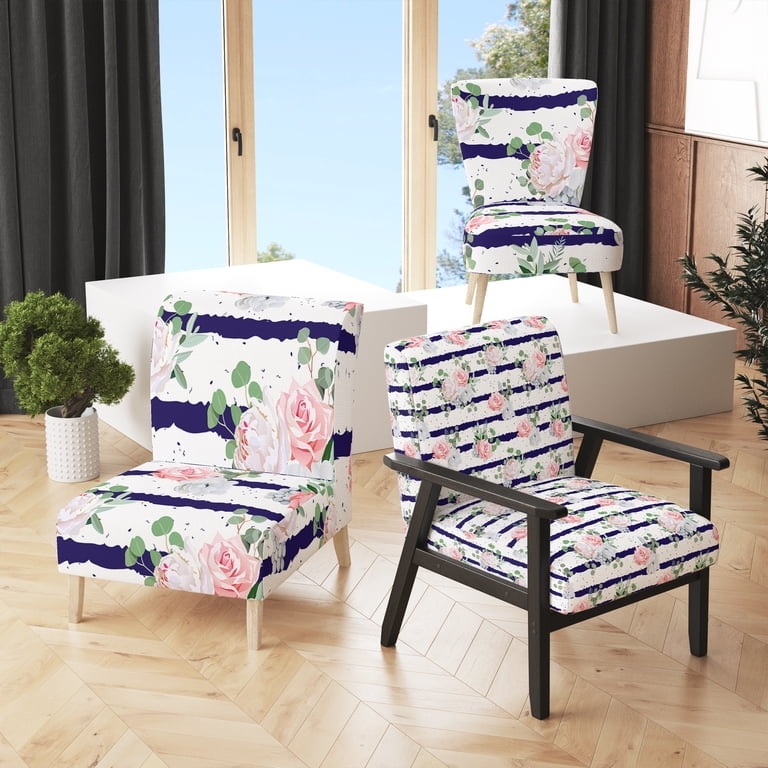 Accent Chair Floral Striped Upholstery and Navy Seating
