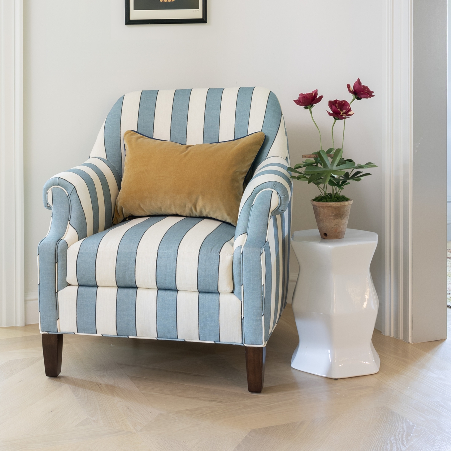 Accent Chair Harbor Blue Linen with Mustard Velvet Pillow