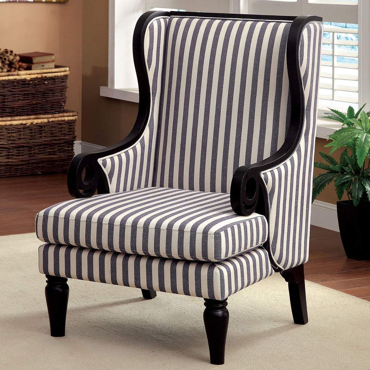 Accent Chair Navy Blue Scroll Arms Coastal Seating