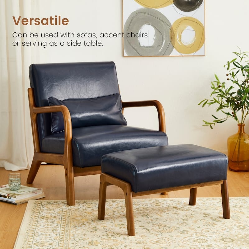 Accent Chair Navy Blue Upholstery Wood Frame Ottoman Set