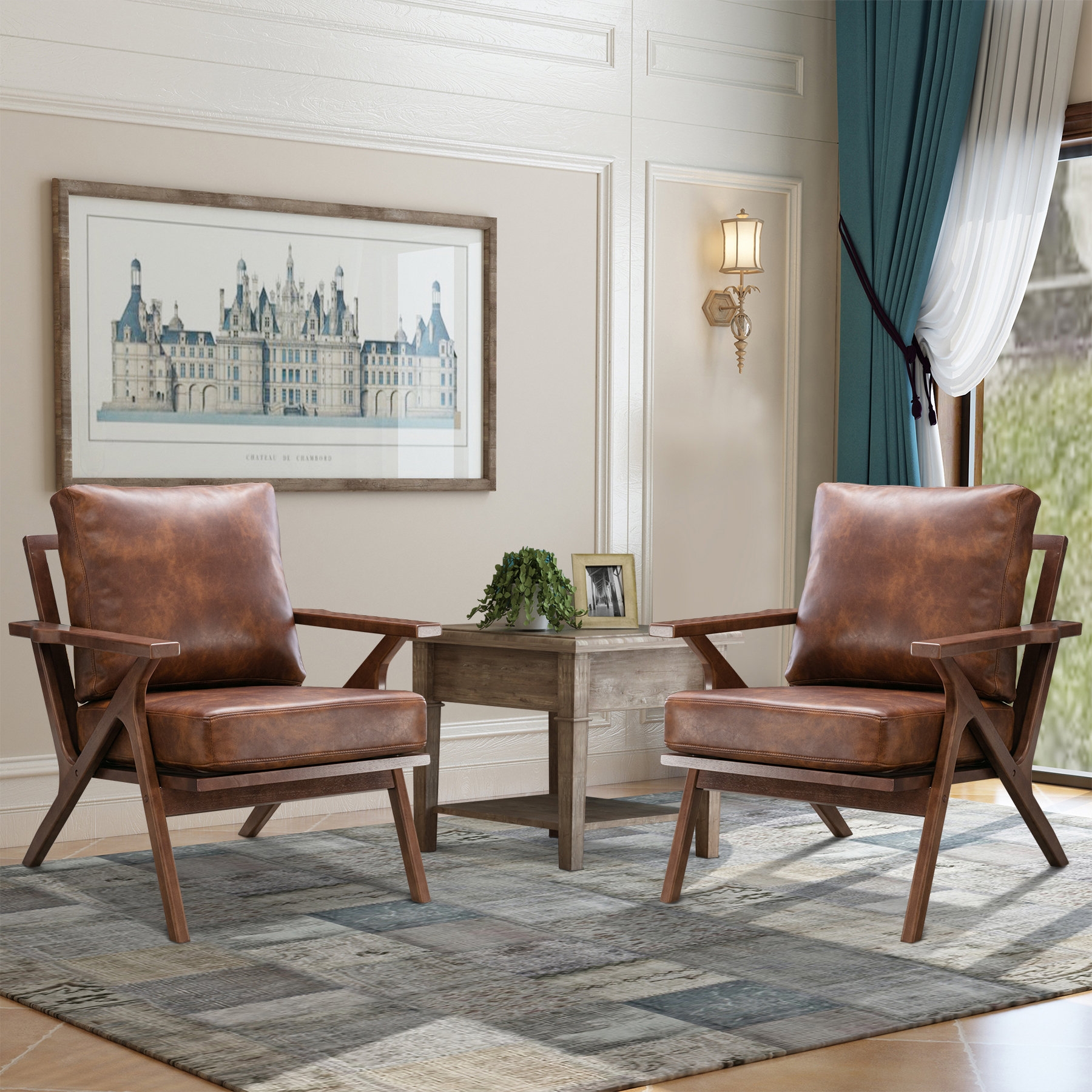 Accent Chair Open Back Retro Wood Armchair Living Room Seating