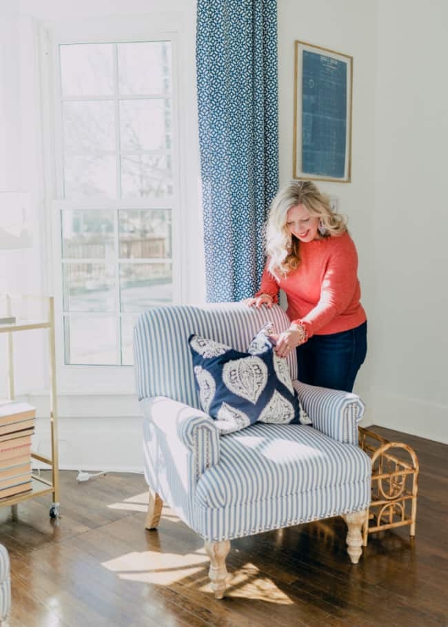 Accent Chair Patterned Pillow and Navy Stripe Upholstery