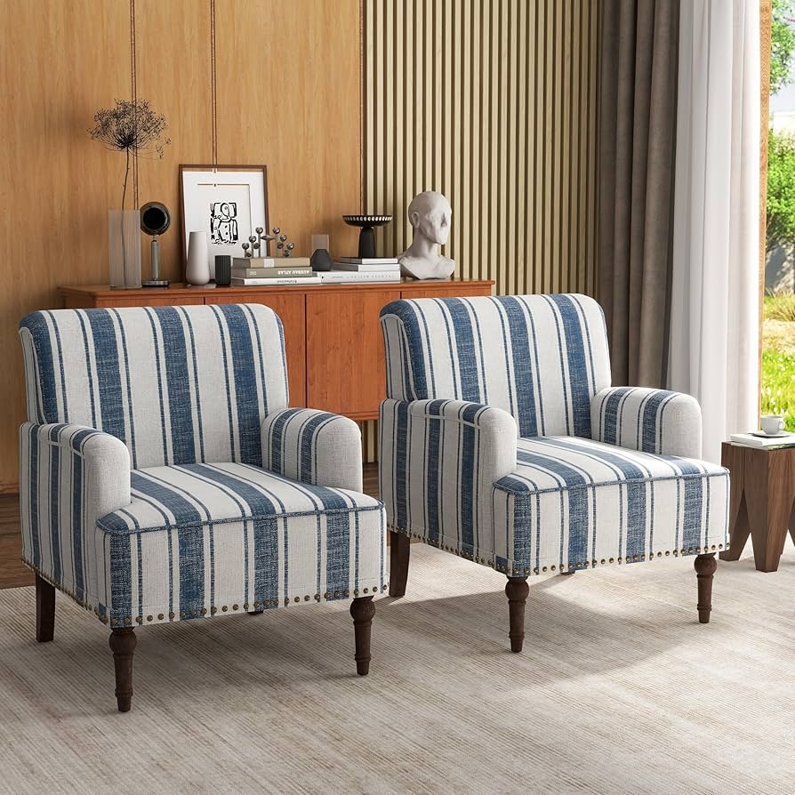 Accent Chair Set of 2 Navy Stripe and Turned Legs Seating