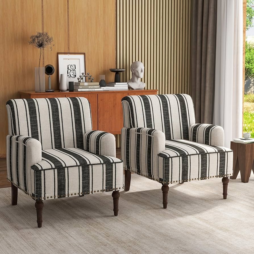 Accent Chair Set Vertical Stripes Nailhead Trim Detail