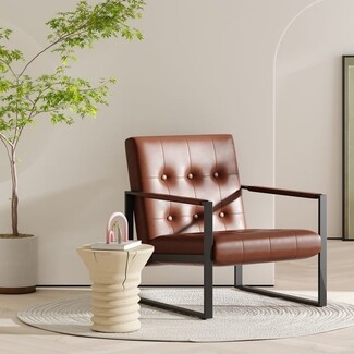 Accent Chair Sled Base Black Steel Frame Tufted Faux Leather Seating