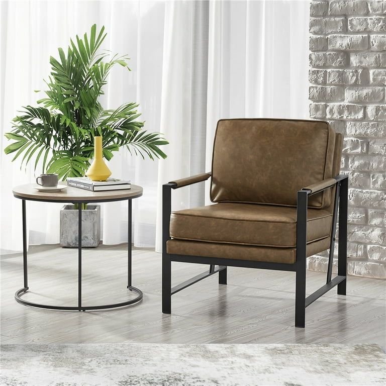 Accent Chair Square Metal Frame Cognac Faux Leather