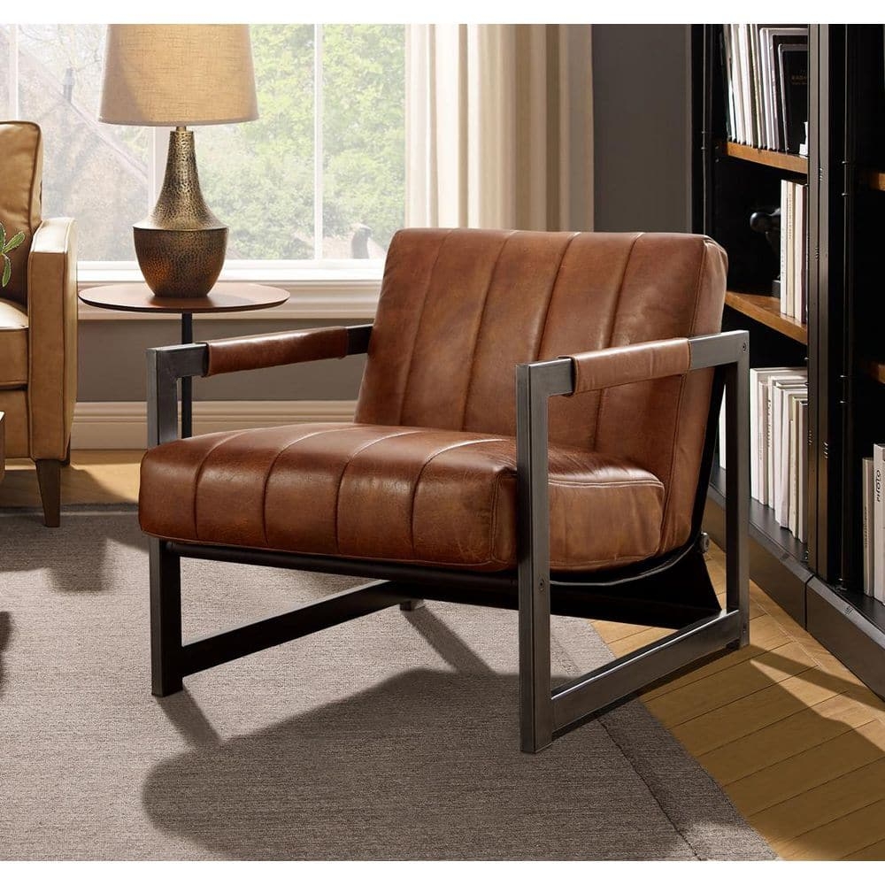 Accent Chair with Channel Tufted Leather and Black Frame