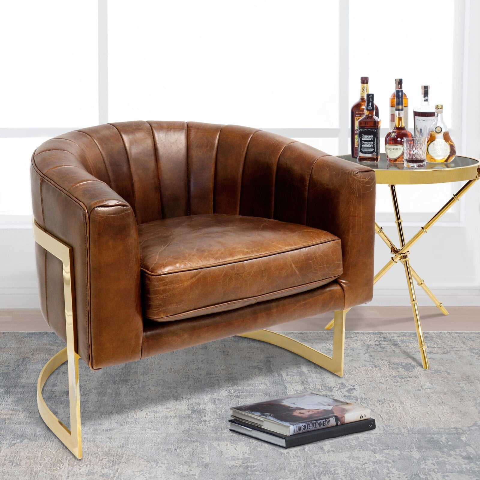 Accent Chair with Channeled Back and Gold Sled Base