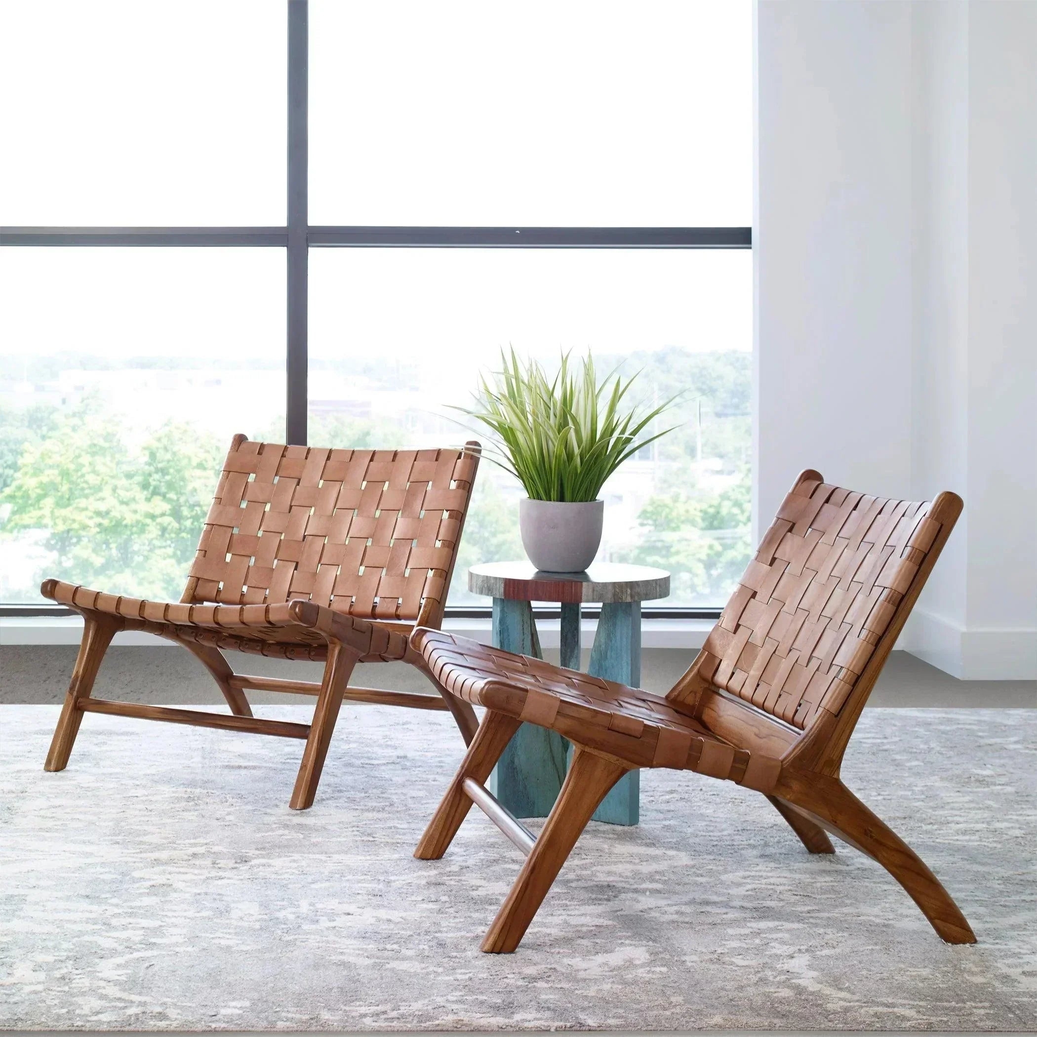 Accent Chair with Woven Straps and Angled Wood Frame