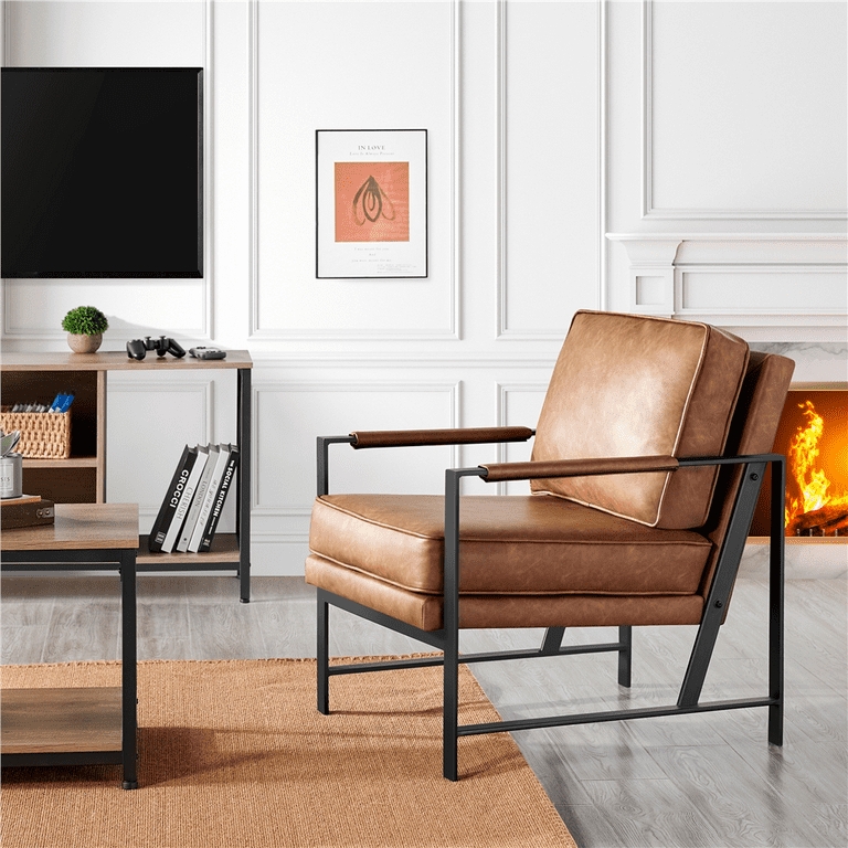 Accent Chair Wrapped Armrests Light Brown Faux Leather
