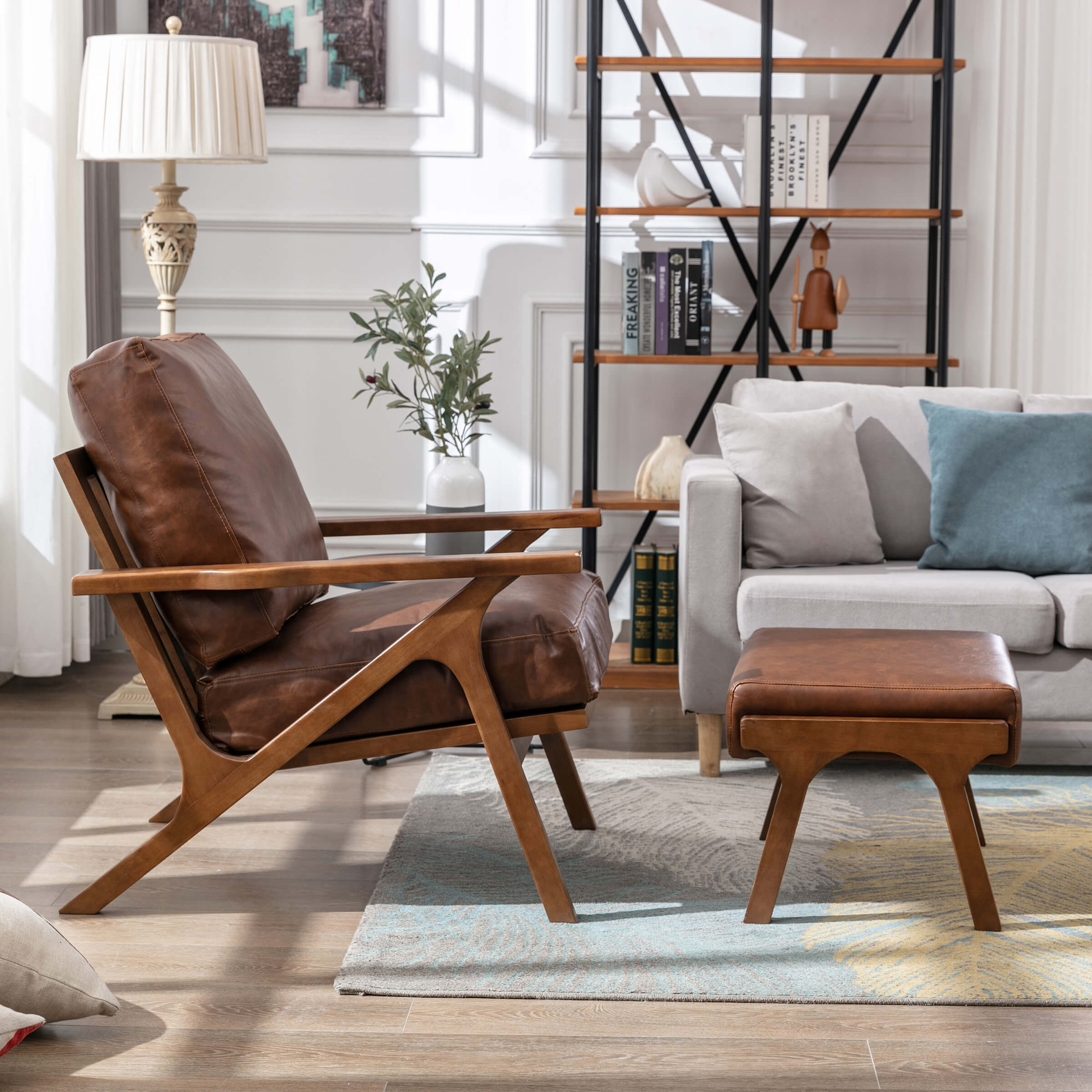 Accent Chair Z-Shaped Arms Wood Frame Armchair Ottoman