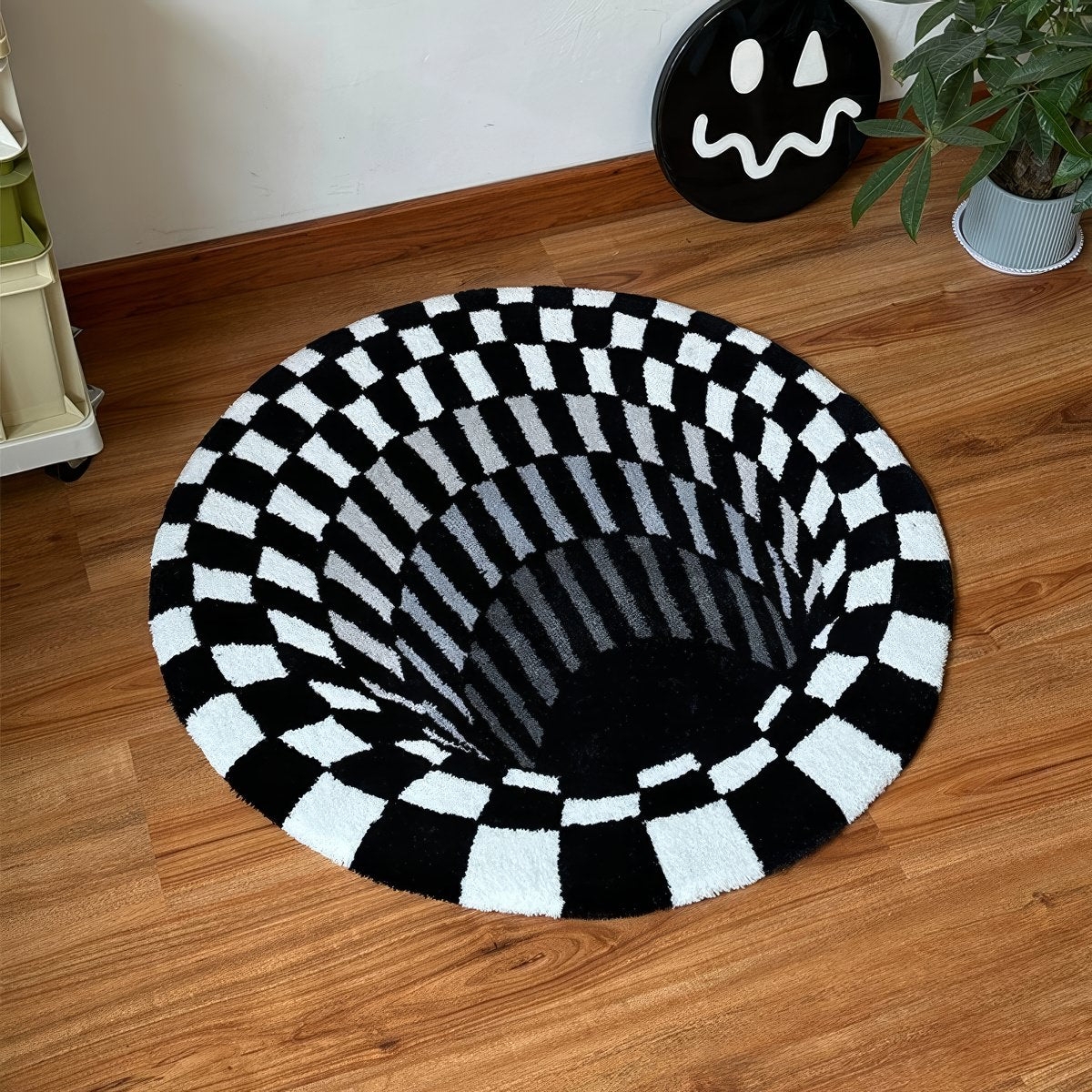Accent Rug: Round Checkered 3D Hole Illusion Decor