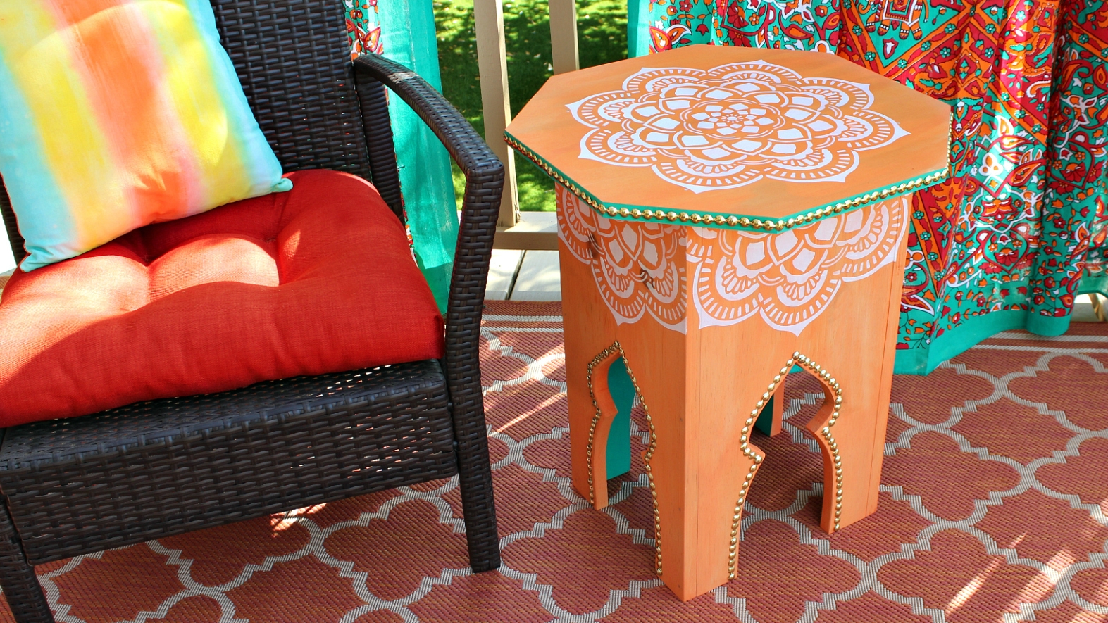 Accent Table Mandala Stencil Gold Studded Trim Orange