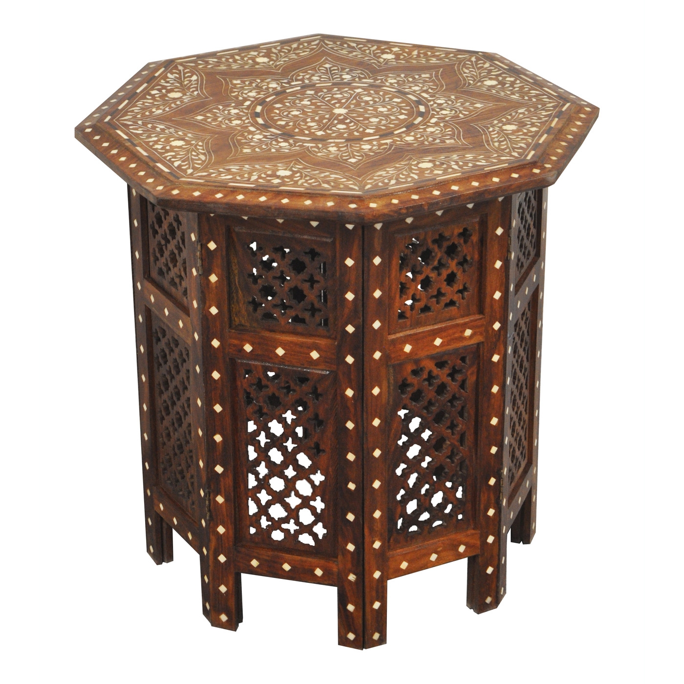 Accent Table Moroccan Lattice Panels Wood Bone Inlay