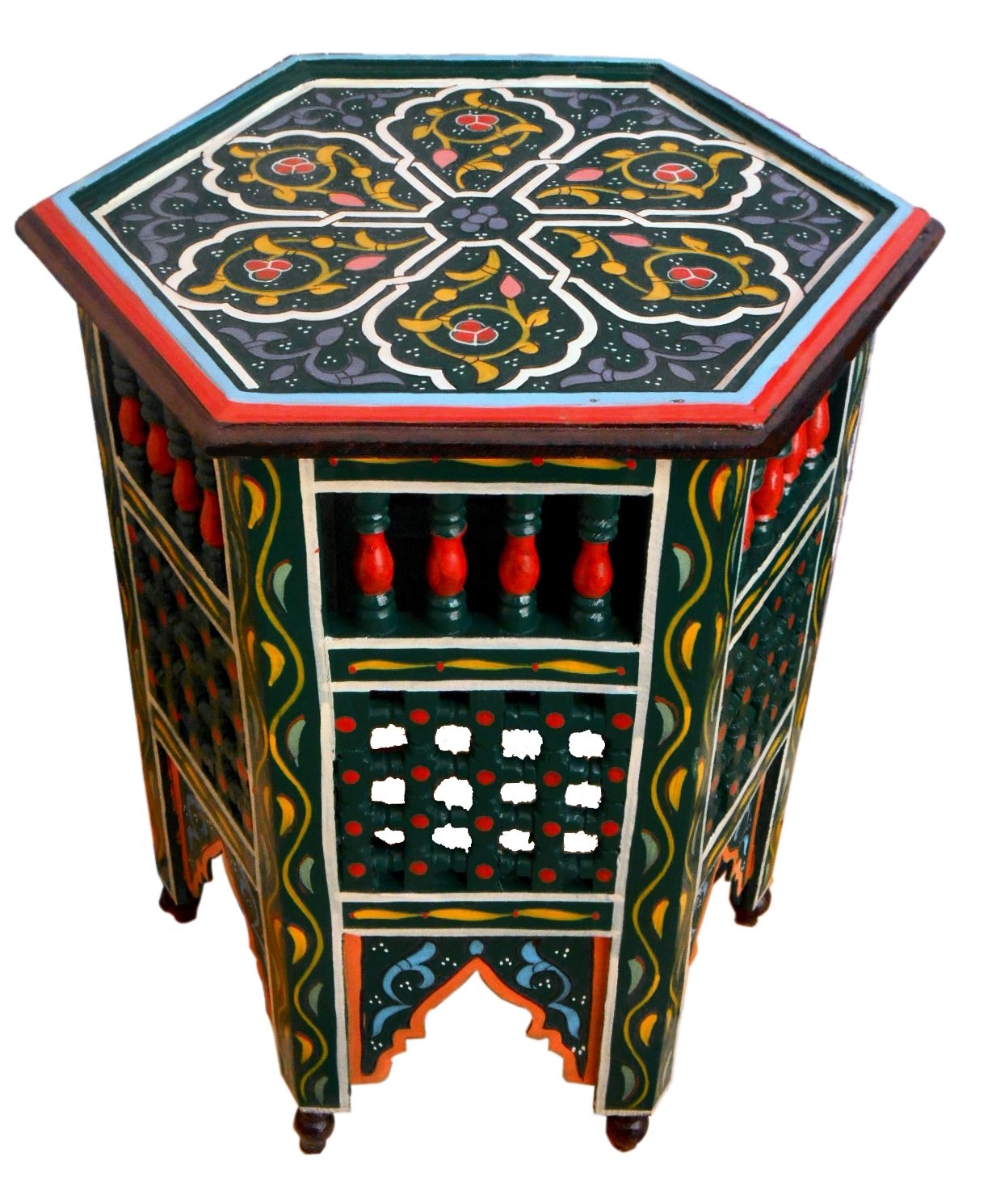 Accent Table Moucharabi Floral Hand Painted Green Wood