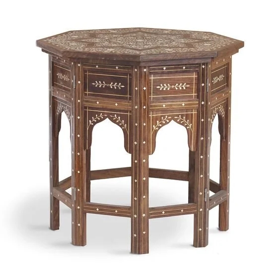 Accent Table Octagonal Floral Inlay Arched Apron Decor