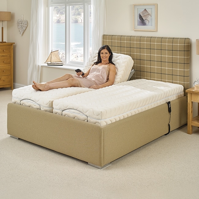 Adjustable Bed: Dual Independent Bases and Windowpane Plaid Headboard
