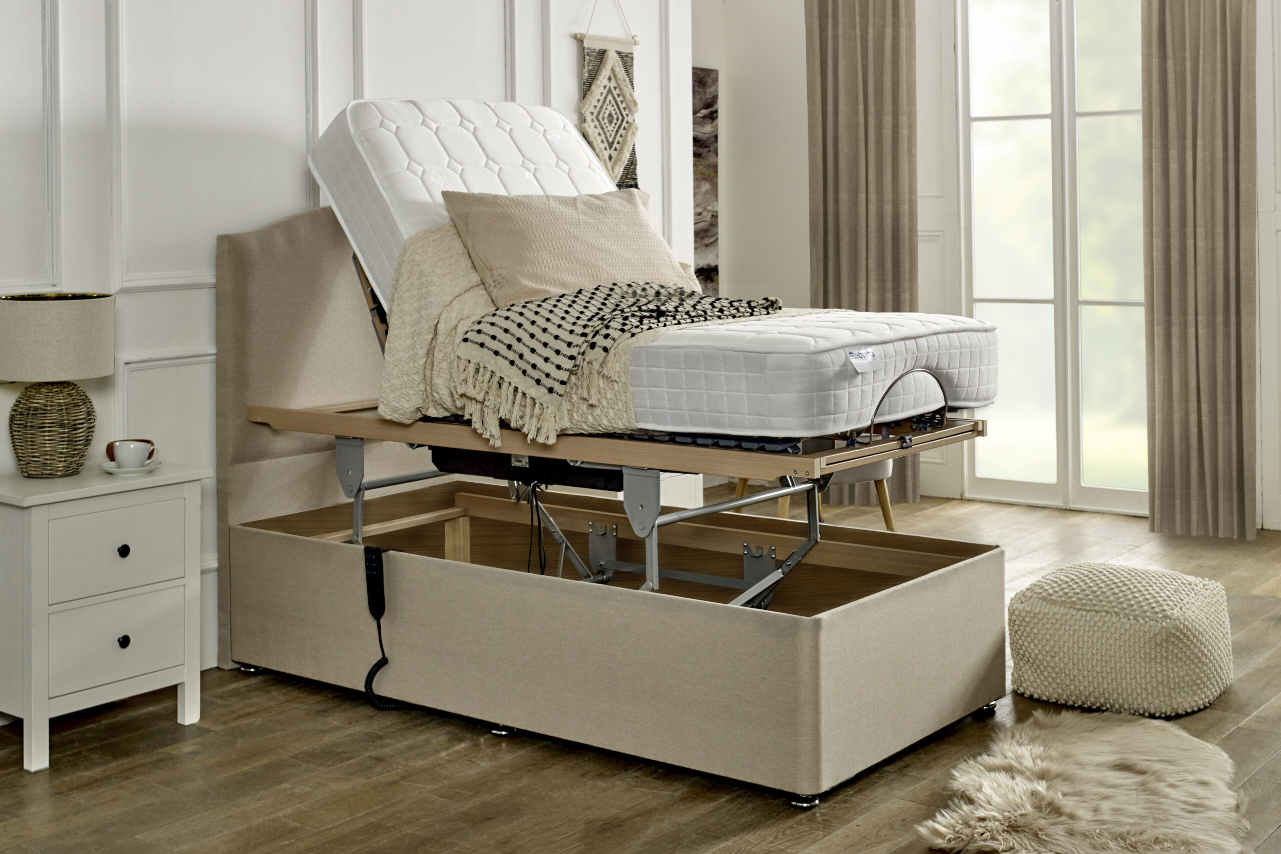 Adjustable Bed: Hi-Lo Lift and Beige Upholstered Frame