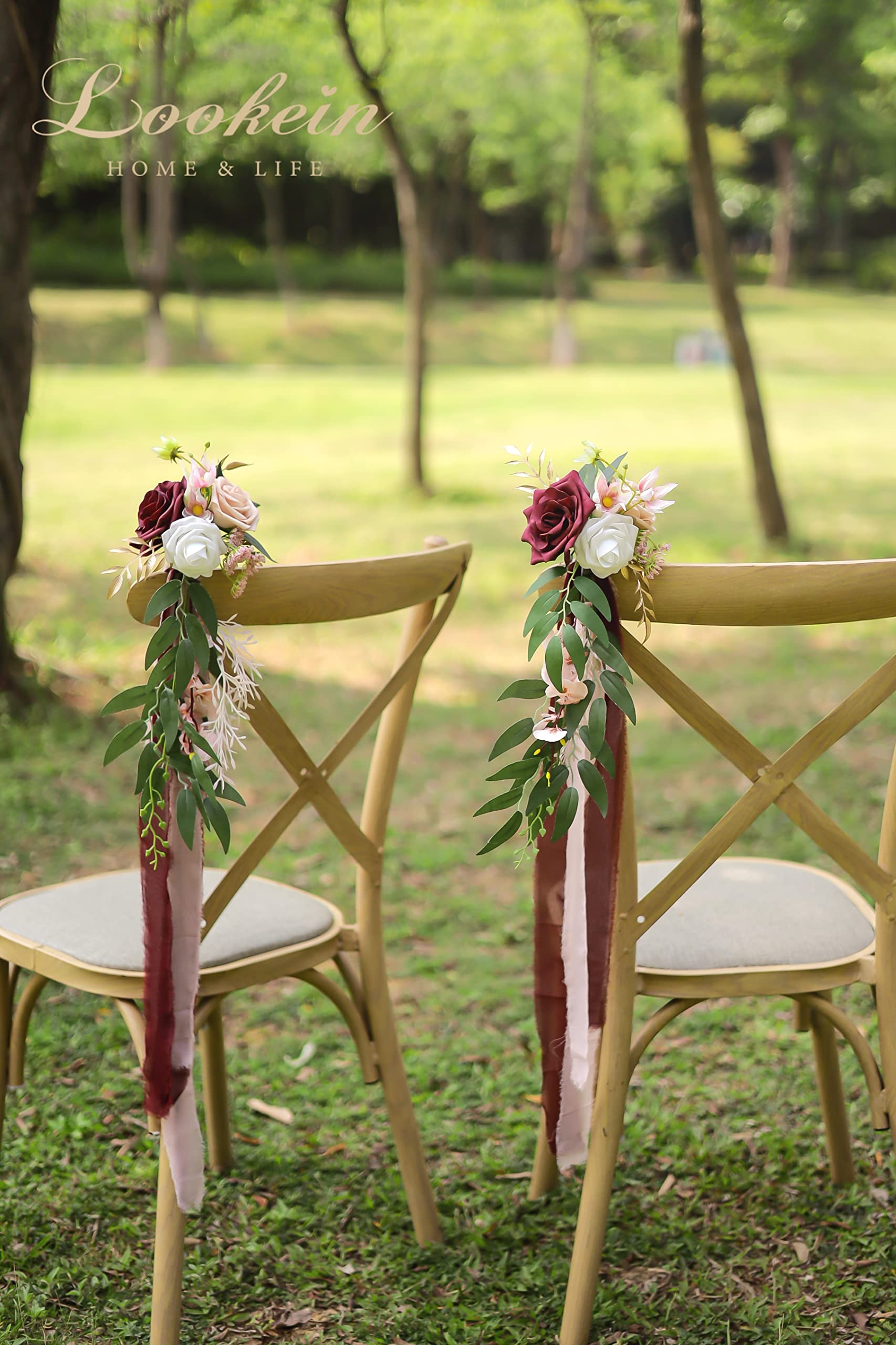 Aisle Chair Decorations Marsala Floral and Ribbon Tails