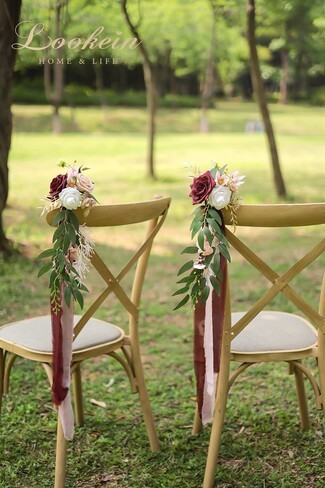 Aisle Chair Decorations Marsala Floral and Ribbon Tails