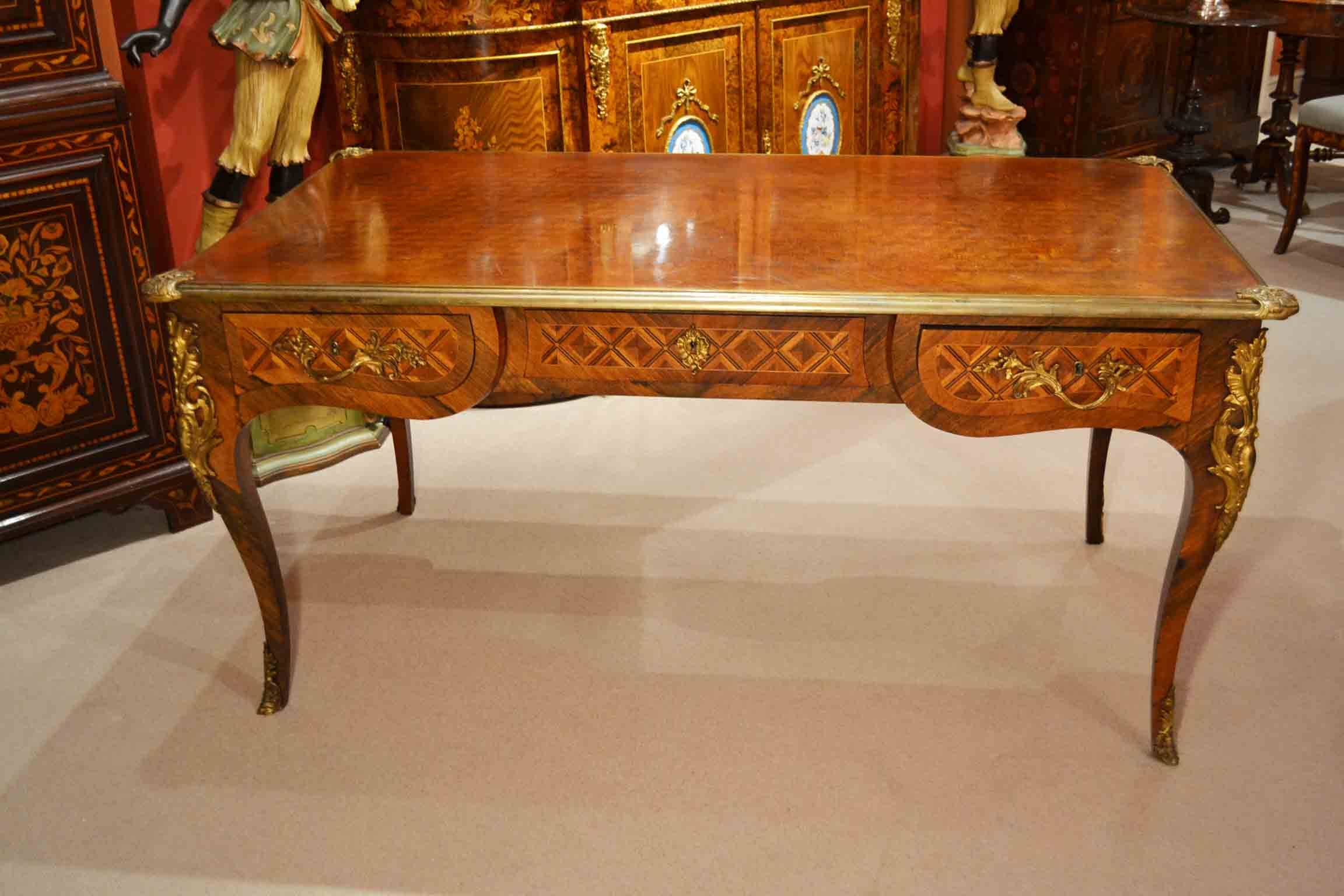 Antique French Bureau Plat with Marquetry Drawers
