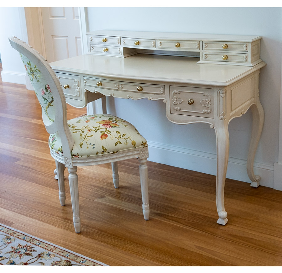 Antique White Hutch Desk with Floral Multi Fabric