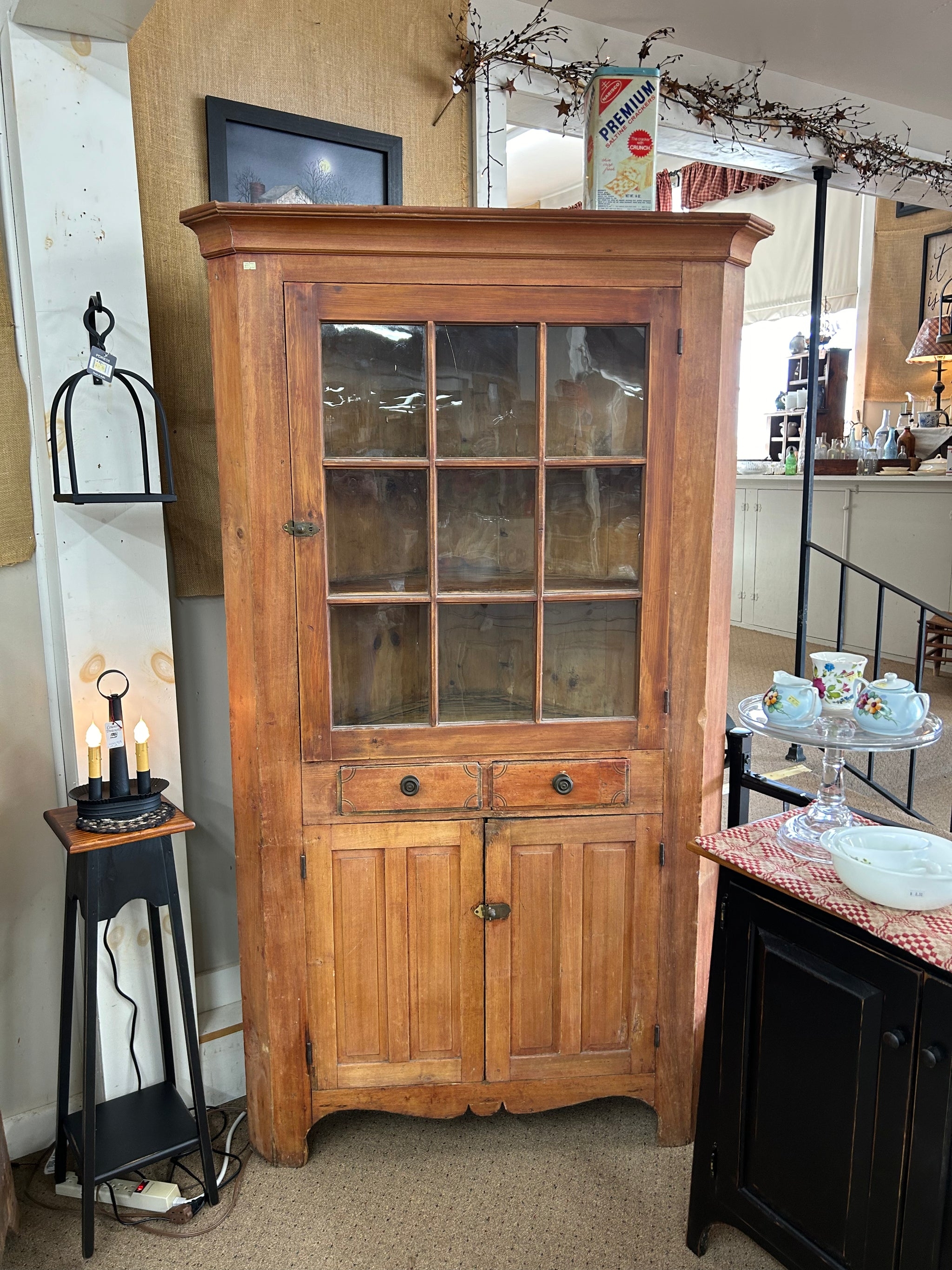 Antique Wood Corner Hutch with 9-Pane Glass Mullion Door
