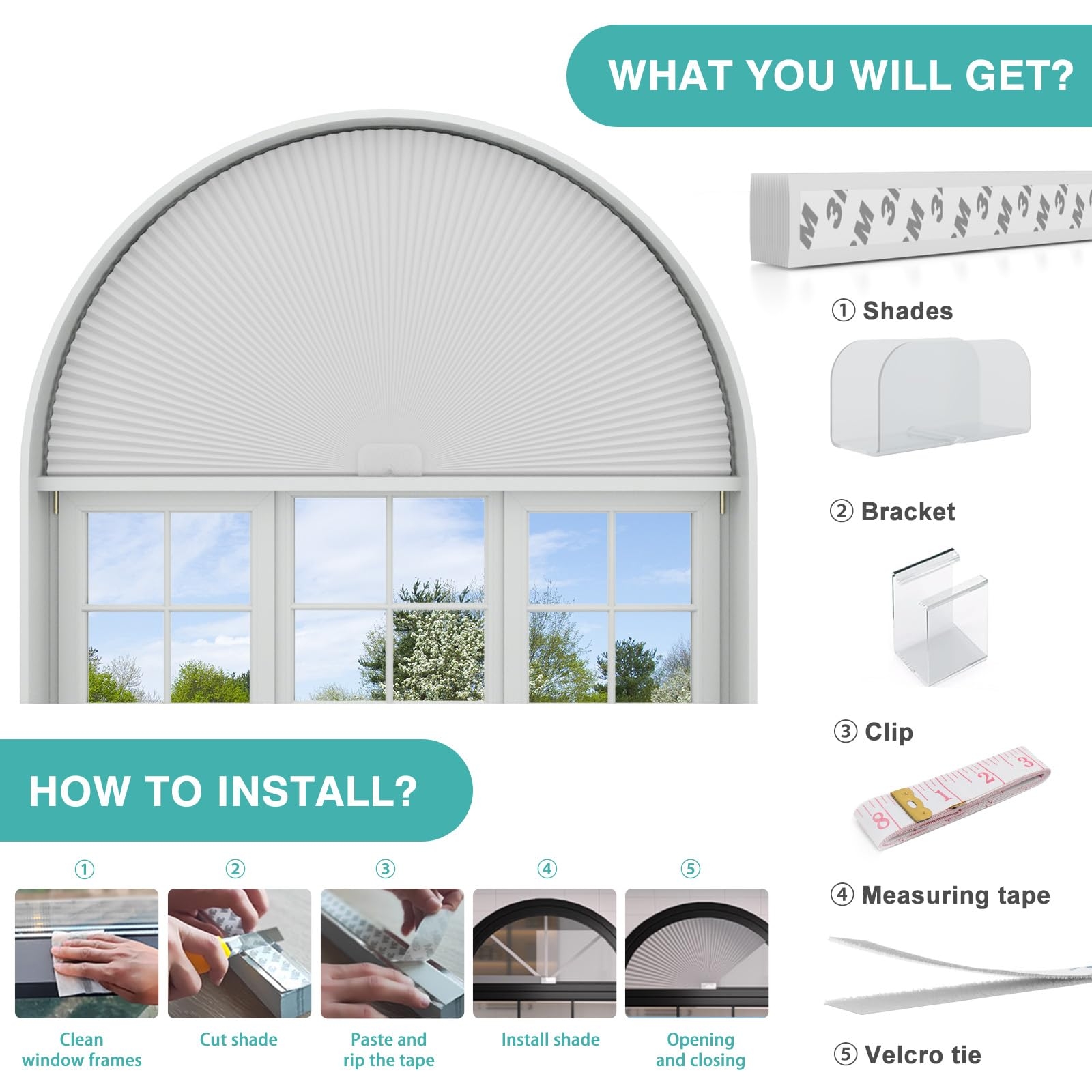 Arch Window Shade Trimmable Width No Drill White Shade