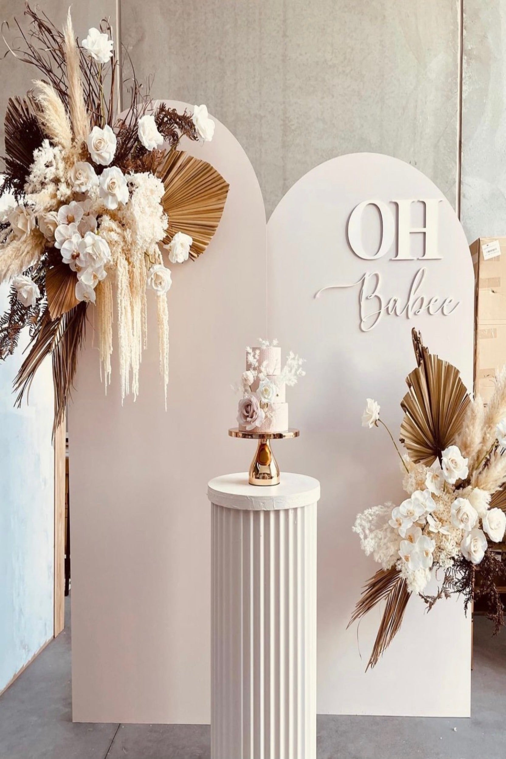 Arched Backdrop Twin Arches Fluted Pedestal Baby Shower Setup