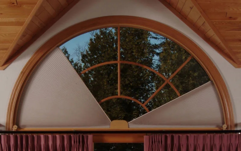 Arched Window Treatment Wood Sunburst Grille Motorized