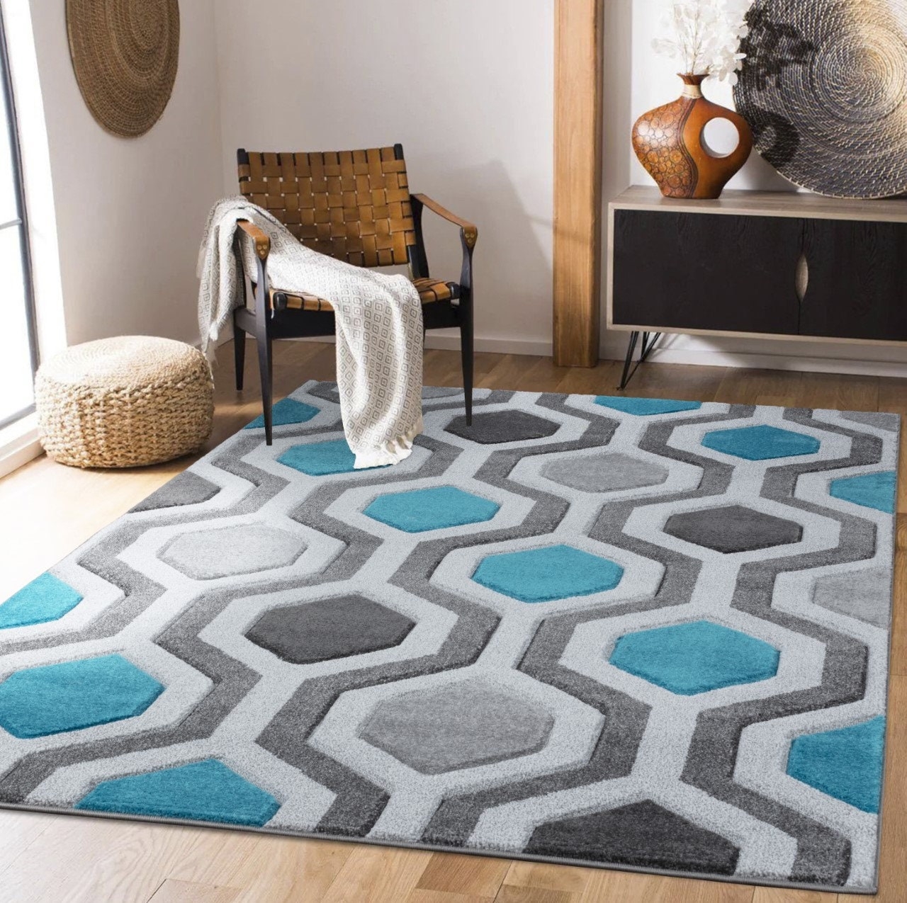 Area Rug 3D Geometric Pattern Blue Green Hexagons
