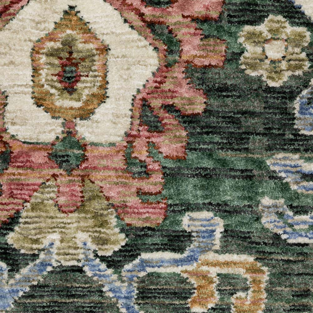 Area Rug Abrash Effect Forest Green Low Pile Ornate Rug