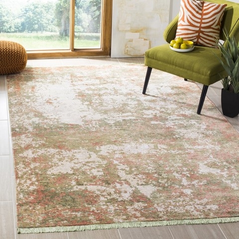 Area Rug Abstract Distressed Pattern Moss Green Fringe