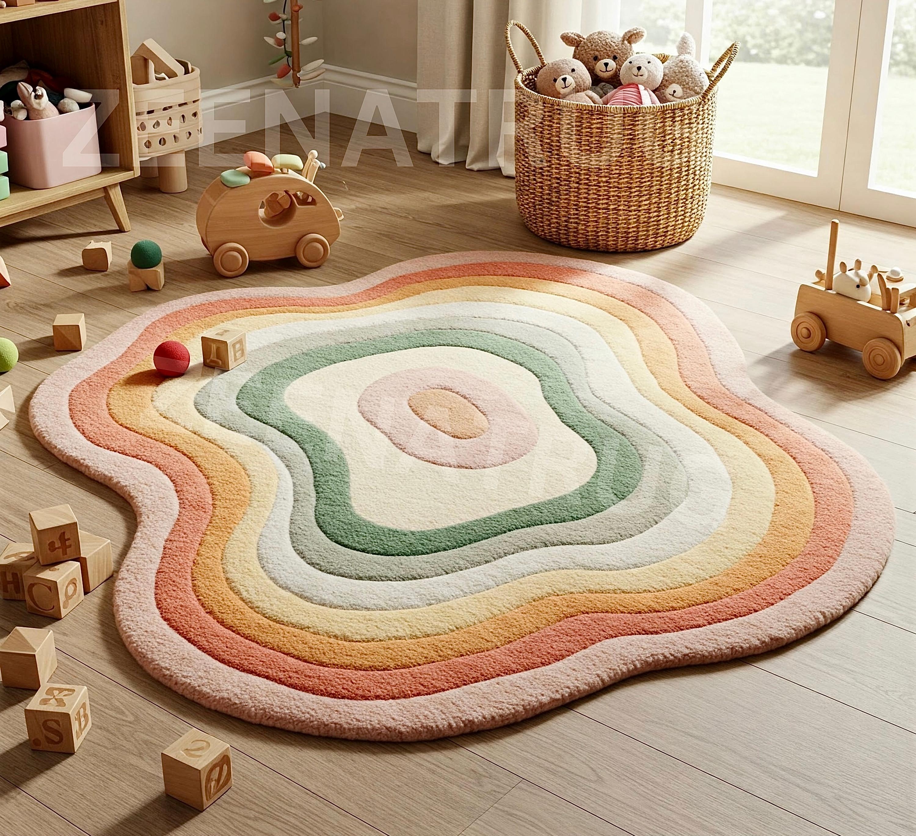 Area Rug: Asymmetrical Wavy Nursery Rug Pastel Palette