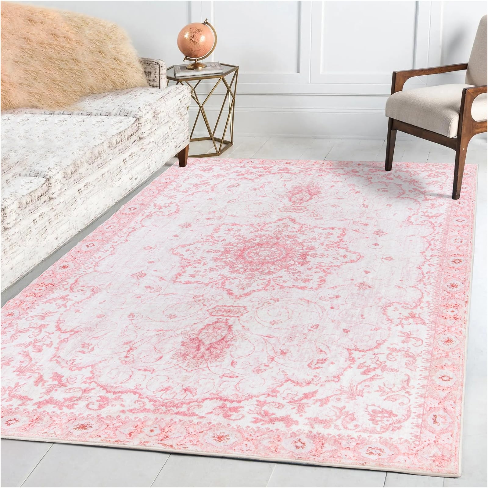 Area Rug Blush Floral Medallion Machine Washable