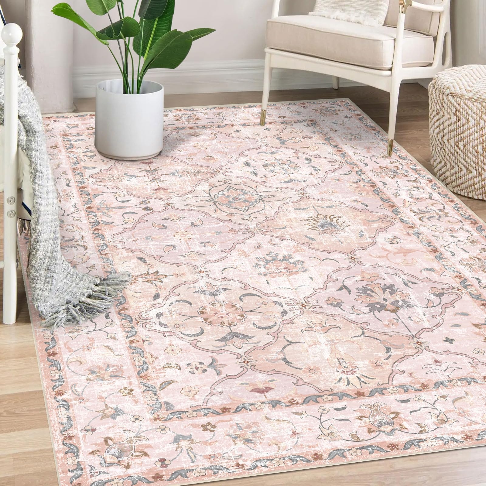 Area Rug Blush Medallion Floral Border Low Profile