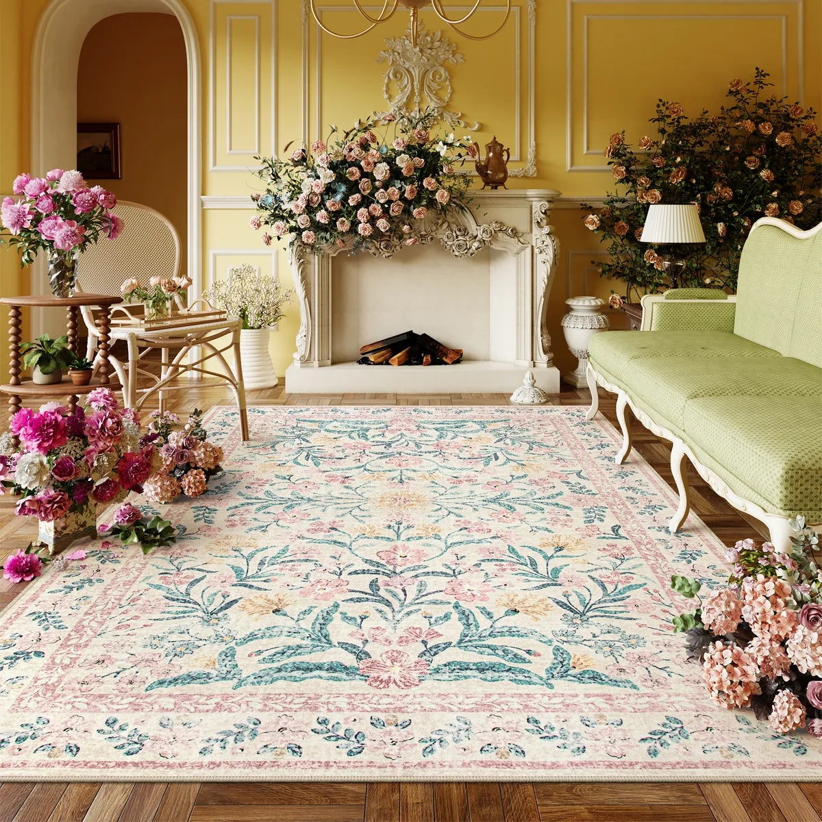 Area Rug Botanical Floral Pattern French Traditional Carpet